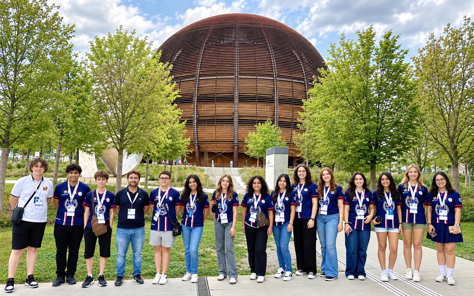 cern-grup-duzenlenmis CERN Globe binası önünde USA CAMP eğitim gezisi grubu; yüzleri ve kompozisyonu düzenlenmiş görsel