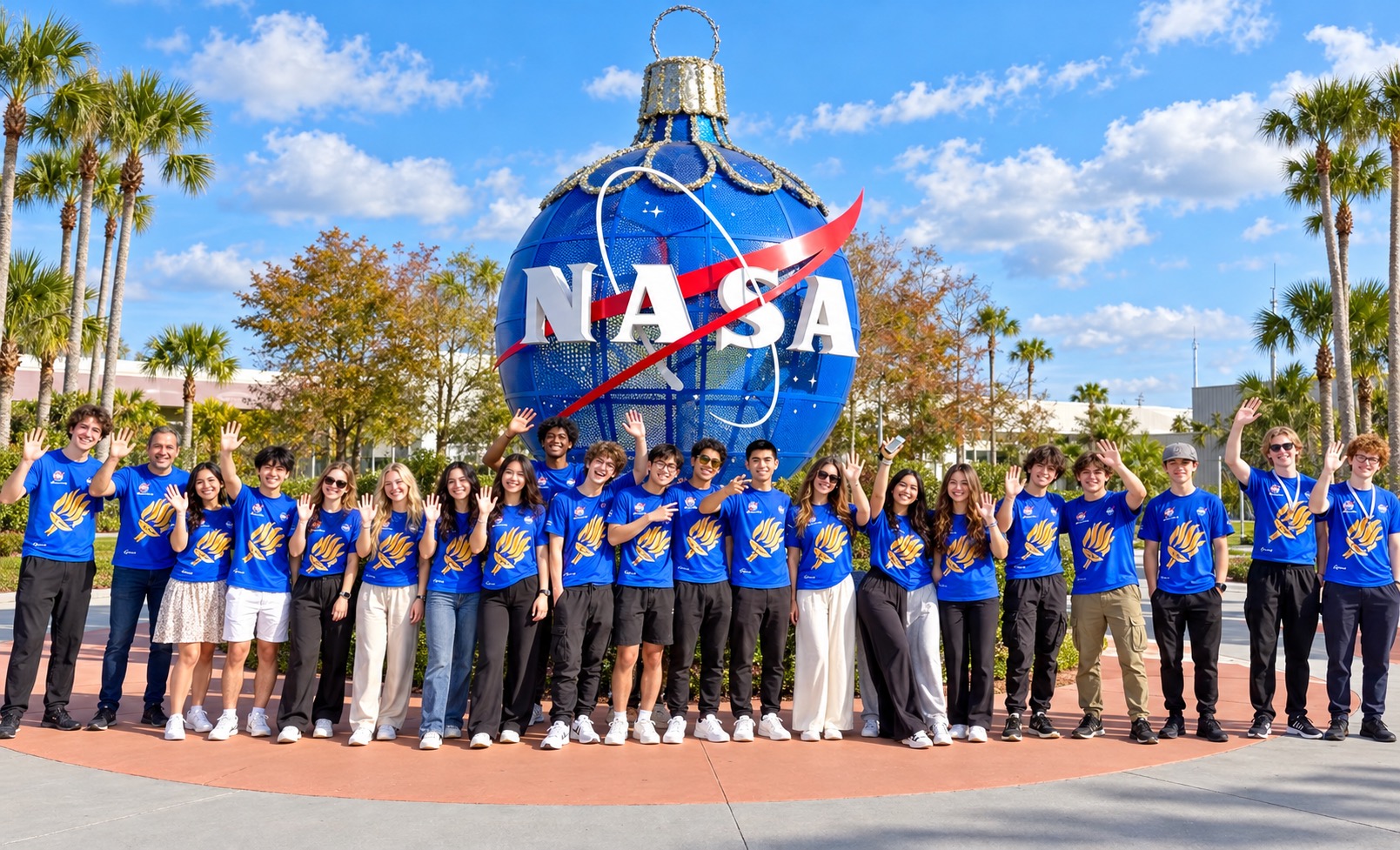 NASA Turu / NASA Gezisi Kennedy Space Center girişindeki roket bahçesi — yüzleri yapay zekâ ile düzenlenmiş gezi görseli